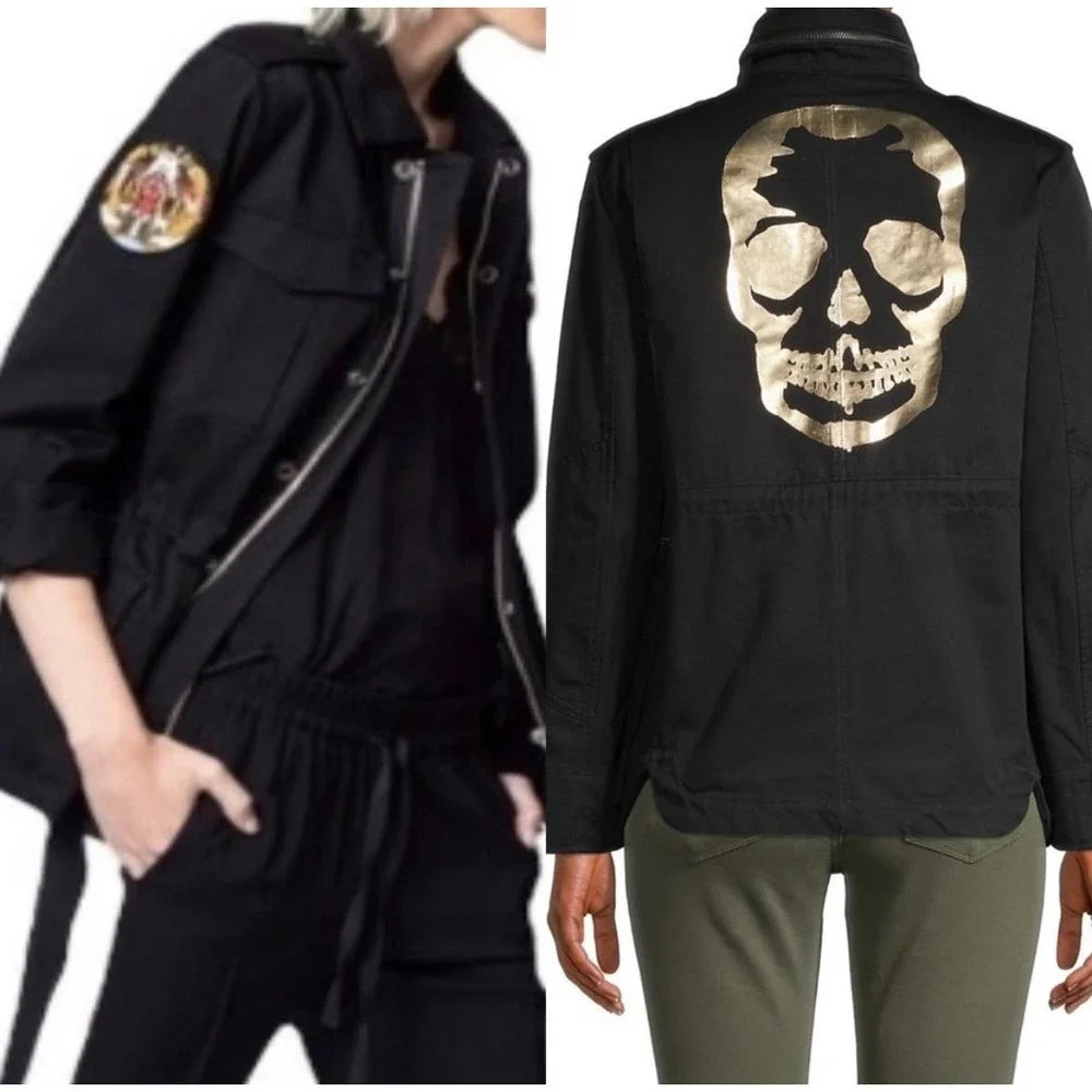 Zadig‎ & Voltaire Kayak Mili Skull Military Jacket in Black Gold Size US XS
